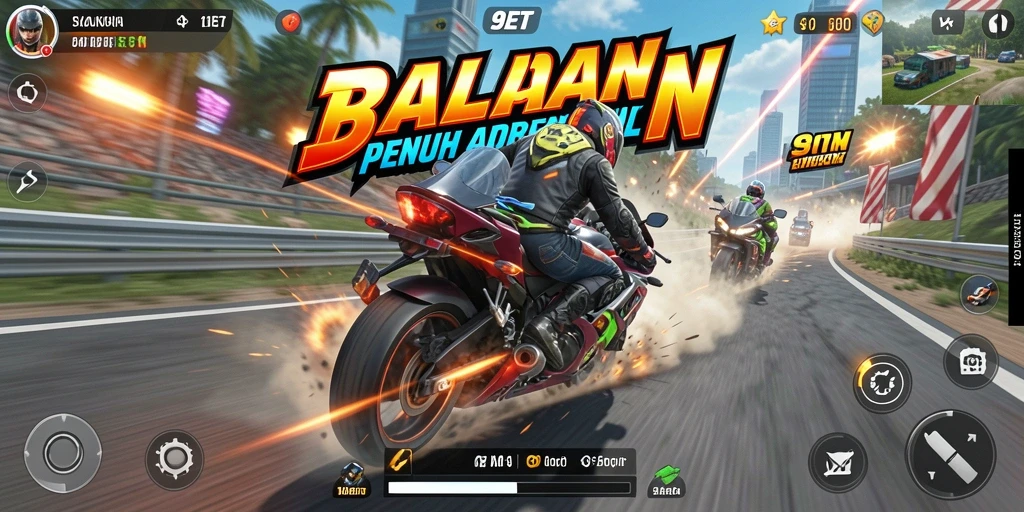 Screenshot menampilkan balapan motor yang mendebarkan di lingkungan perkotaan.