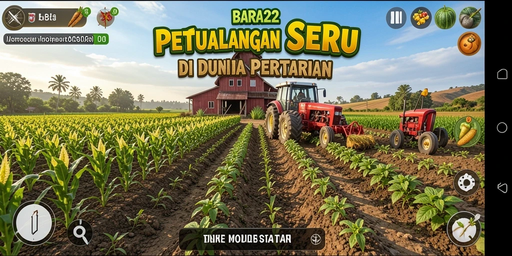 Gameplay BARA22 menampilkan kebun yang kaya dengan tanaman dan hewan.