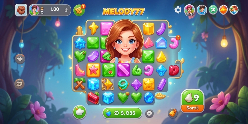Screenshot gameplay MELODY77 yang penuh warna dan menantang.
